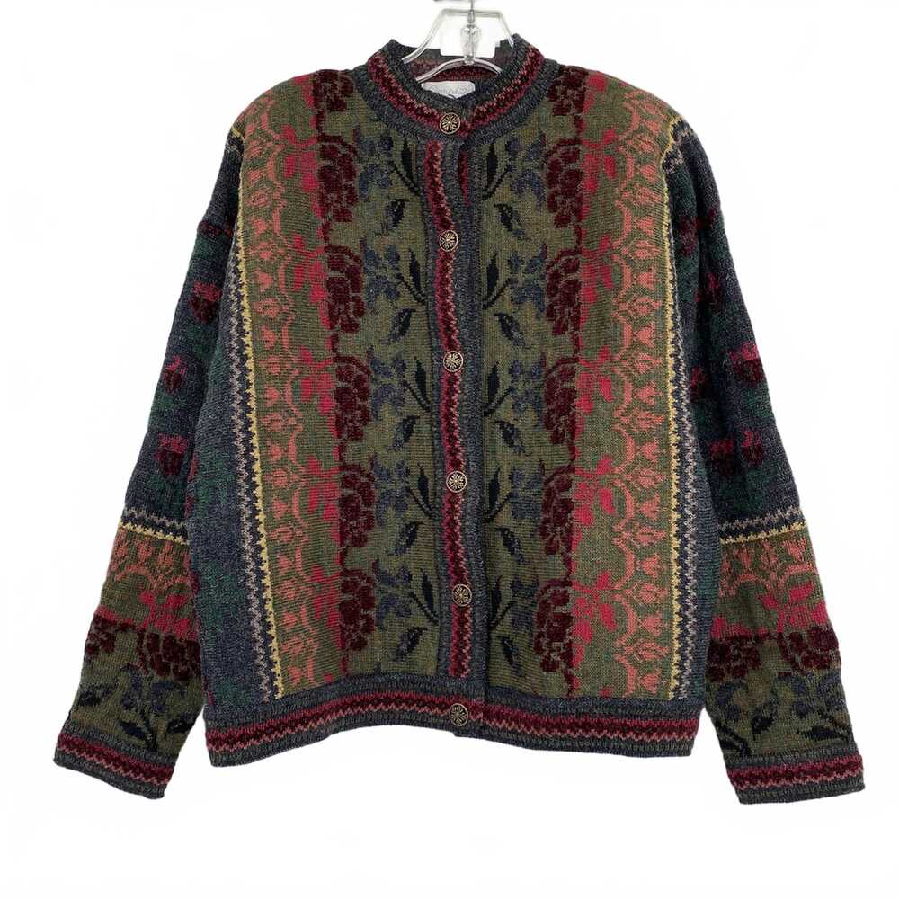 Cherry Lewis Green Red Vintage Wool Cardigan | Women’s M, UK Made